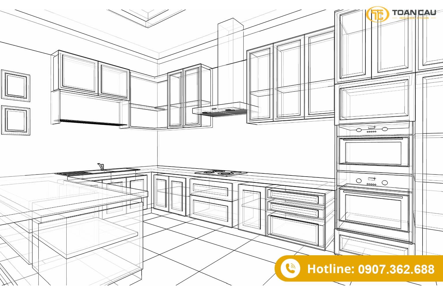 Thiết kế bếp chữ U thường được áp dụng cho những không gian lớn