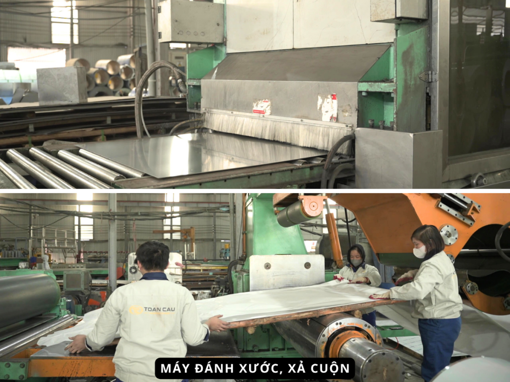 hình ảnh máy đánh xước xả cuộn trong xưởng sản xuất inox