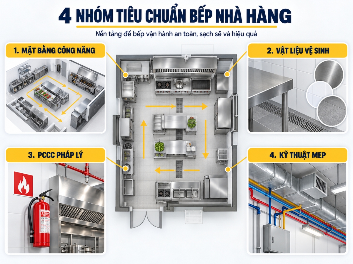 Tiêu Chuẩn Bếp Nhà Hàng: Từ Pháp Lý PCCC Đến Bố Trí Công Năng Chuẩn Vận Hành 2 Infographic 4 nhóm tiêu chuẩn thiết kế bếp nhà hàng