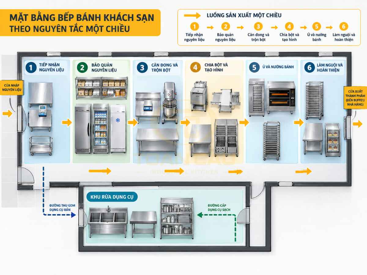 Bếp Bánh Trong Khách Sạn: Tiêu Chuẩn Thiết Kế Và Bố Trí Thiết Bị Chuẩn Vận Hành 3 Sơ đồ mặt bằng bếp bánh khách sạn theo nguyên tắc một chiều