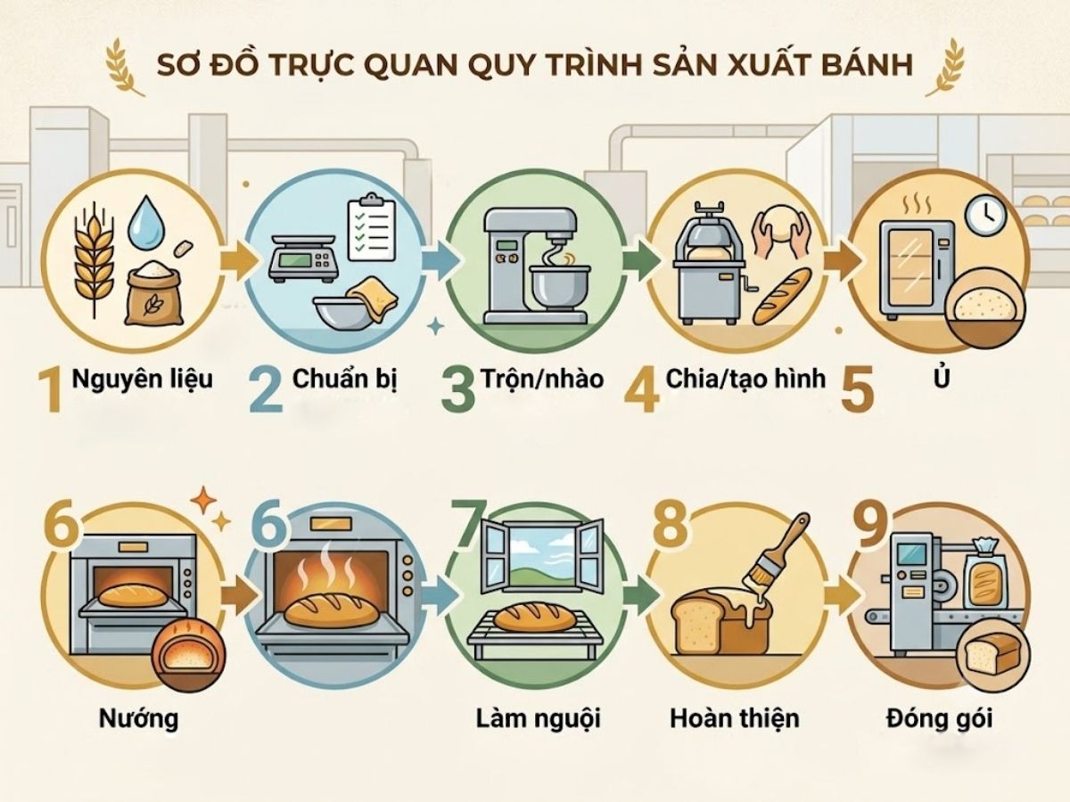 Dây Chuyền Sản Xuất Bánh: Cấu Hình Và Quy Trình Tối Ưu 3 quy trình dây chuyền sản xuất bánh từ nguyên liệu đến thành phẩm