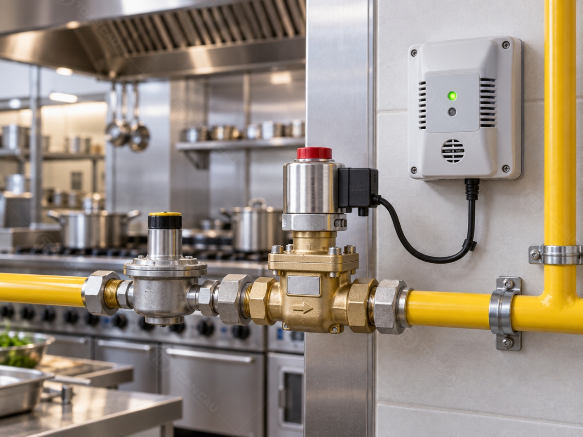 Tiêu Chuẩn Bếp Nhà Hàng: Từ Pháp Lý PCCC Đến Bố Trí Công Năng Chuẩn Vận Hành 6 Van ngắt gas tự động và cảm biến rò rỉ trong bếp nhà hàng