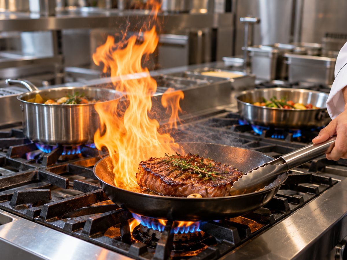 Thực Đơn Nhà Hàng Âu Cần Những Thiết Bị Bếp Nào? 4 Đầu bếp áp chảo steak trên bếp Âu công nghiệp