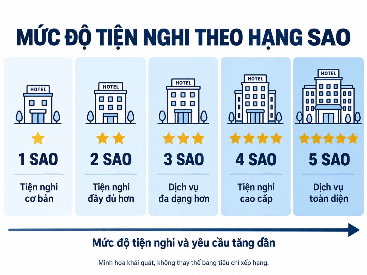 Sơ đồ so sánh mức độ tiện nghi giữa các hạng khách sạn từ 1 đến 5 sao