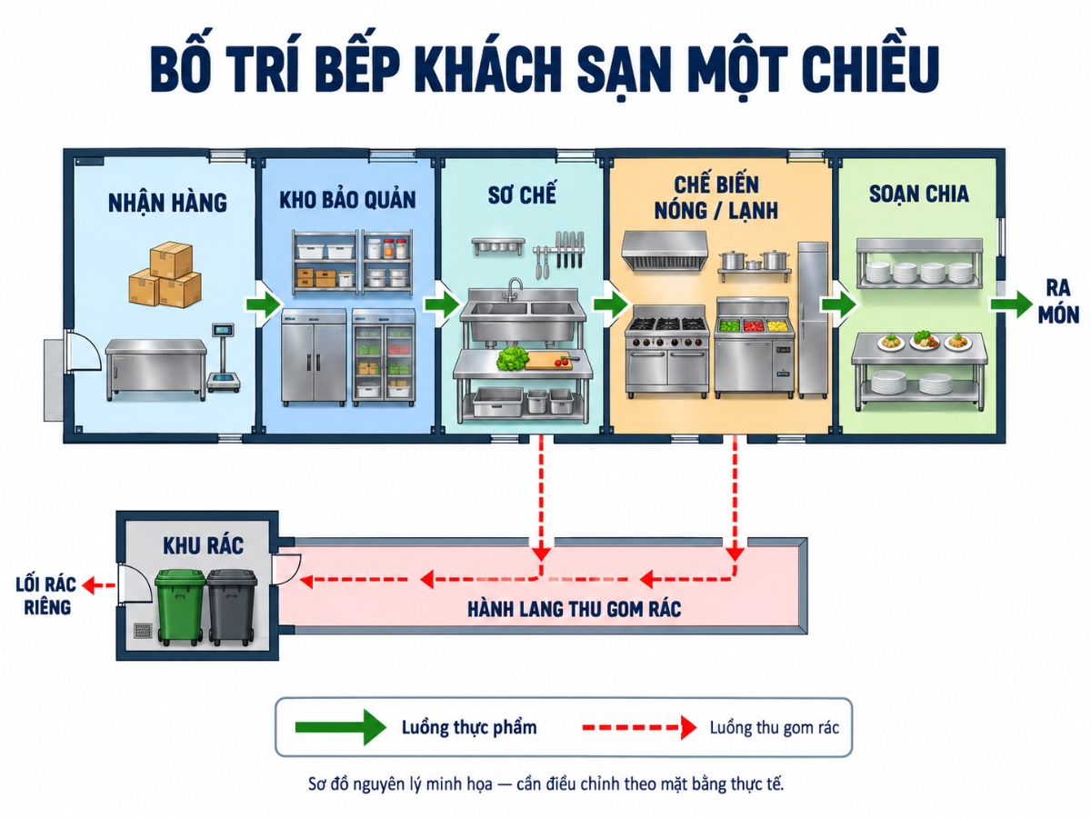 Sơ đồ bố trí một chiều các khu vực trong bếp khách sạn